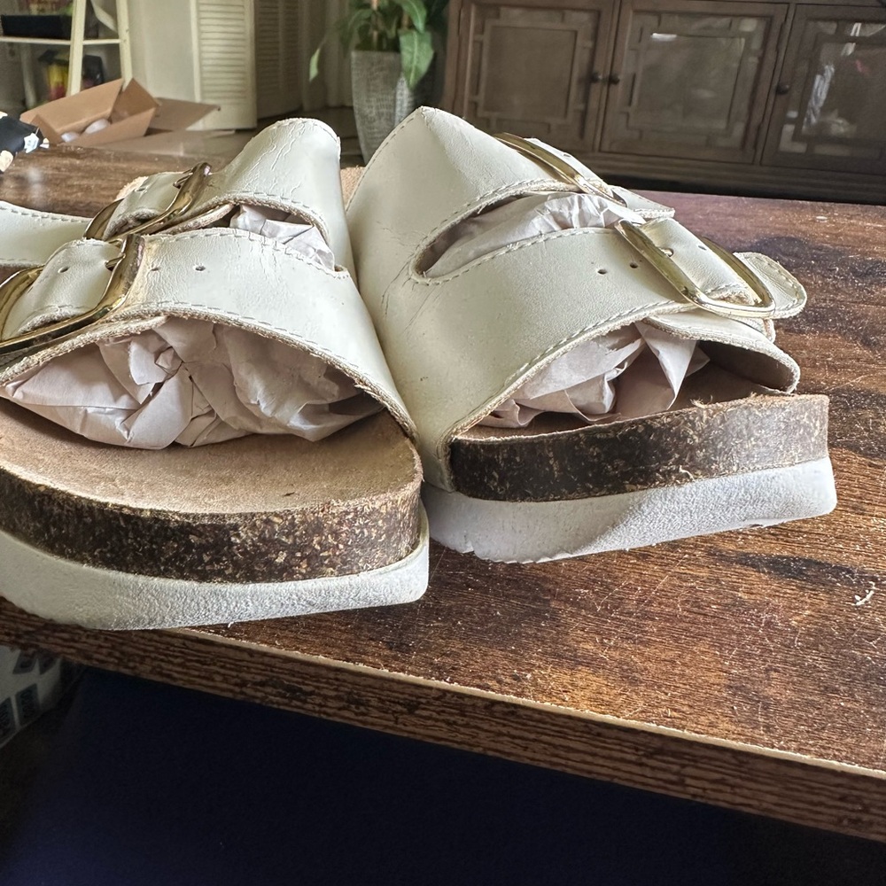 Rialto Womens Farina Sandals 8.5 White Slip On Slides Comfy Cork Wedge Platform - Picture 8 of 11